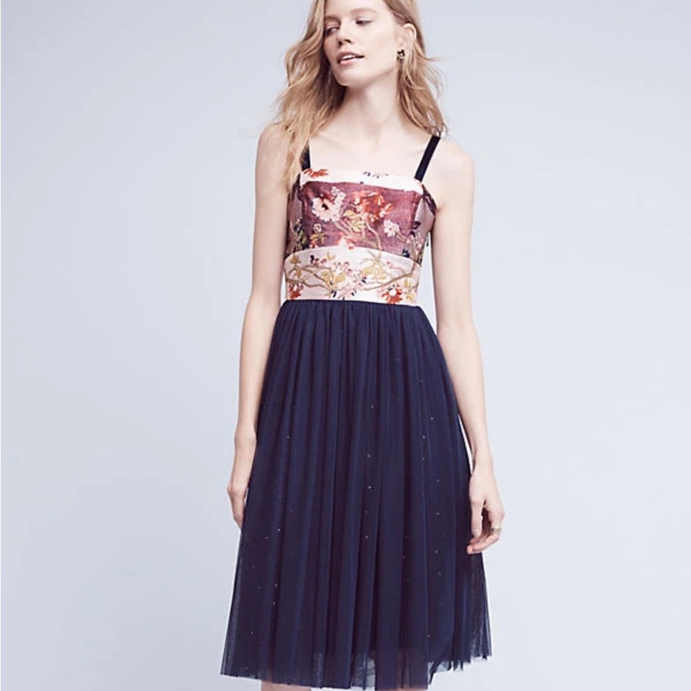 Anthropologie Moulinette Soeurs Tulle-Skirted Floral Fit & Flare Dress Brocade 4